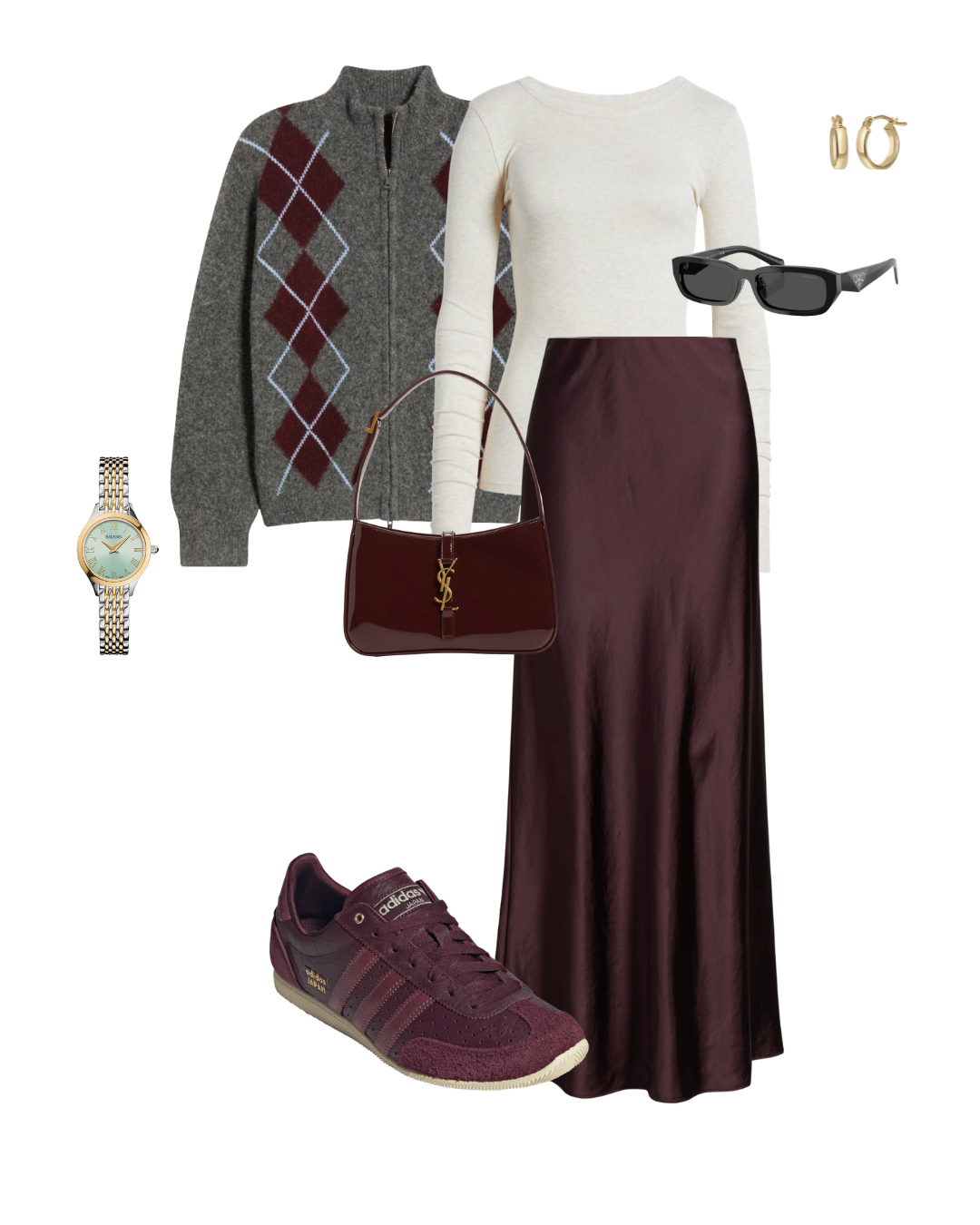 Neutral fine-knit cardigan worn as a top paired with a cream silk column skirt, shoulder bag, and casual retro sneakers.