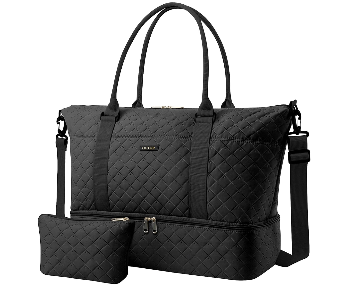 Quilted HOTOR travel duffel with a shoe compartment, trolley sleeve and matching toiletry pouch