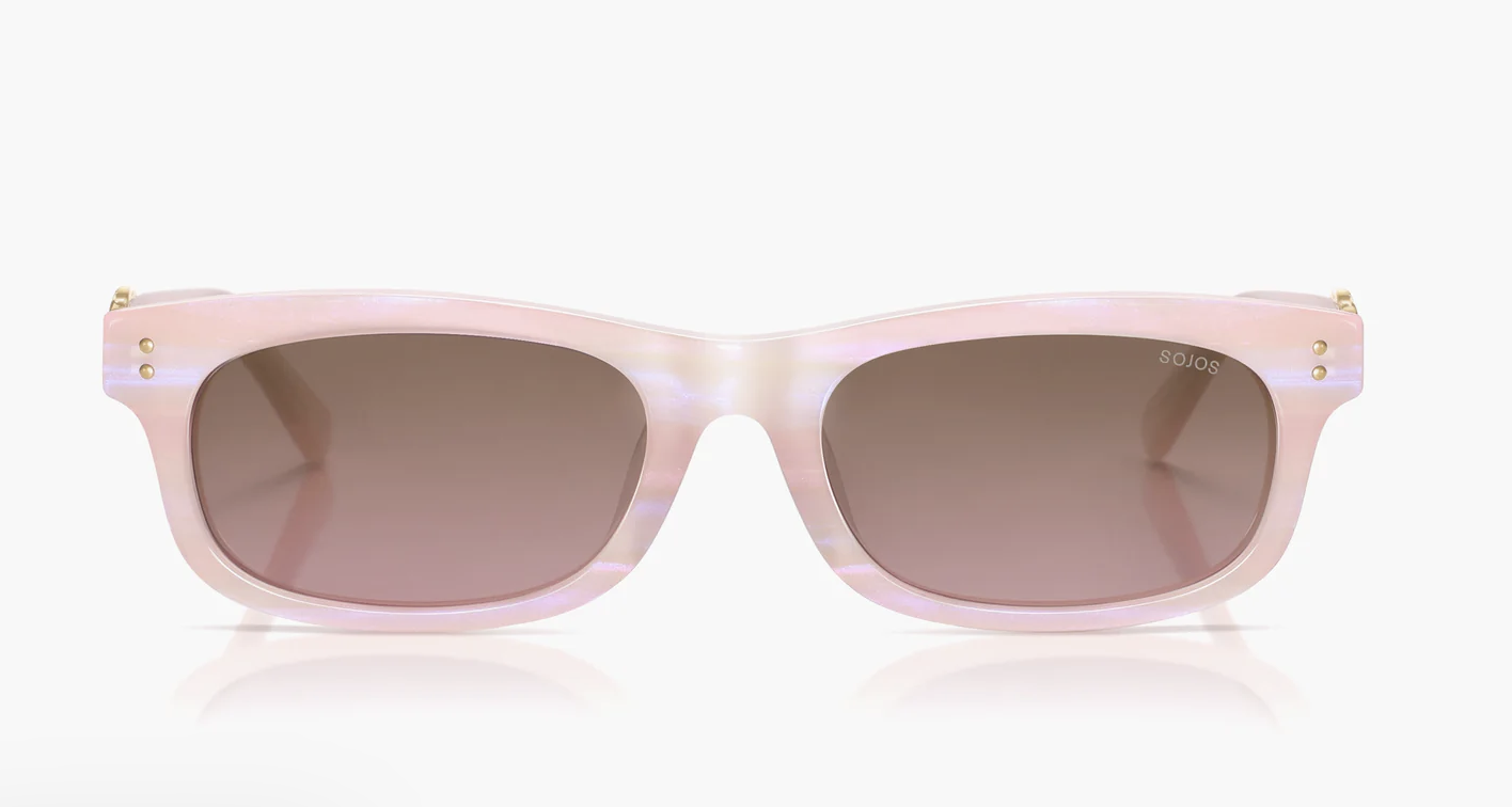 Sojos Pink Diamond Frame sunglasses with translucent frames and dark lenses, a popular 2026 candy-toned eyewear trend.