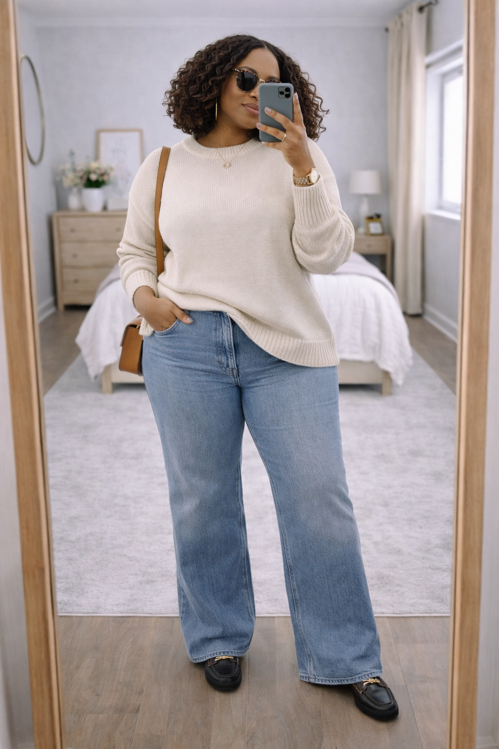 A woman wearing a cozy oversized grey sweater paired with light-wash wide-leg jeans and black loafers, demonstrating a simple daily outfit formula.