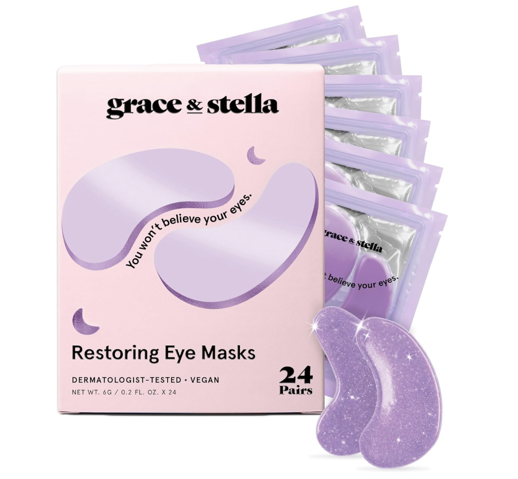 "A box of Grace & Stella Restoring Eye Masks in purple packaging featuring a crescent moon design, displayed with individual eye patch sachets."
