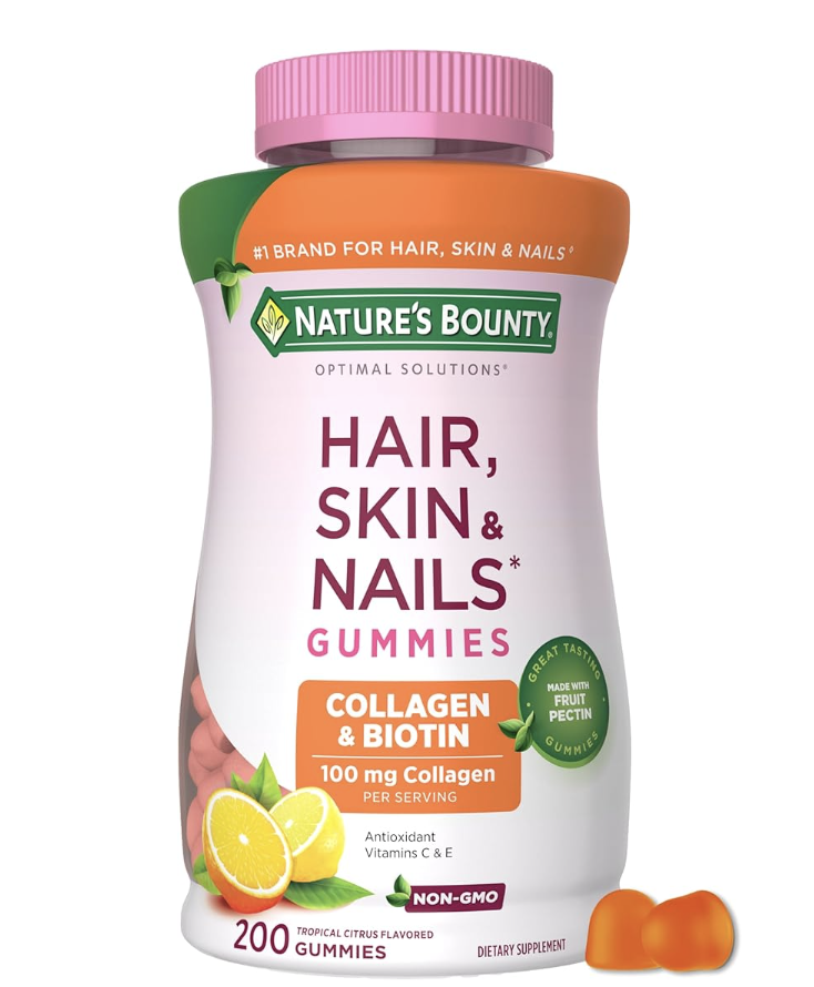 A product shot of a bottle of Nature's Bounty Hair, Skin & Nails Gummies with biotin and 100 mg of collagen per serving, showing the tropical citrus flavored non-GMO dietary supplement against a white background.