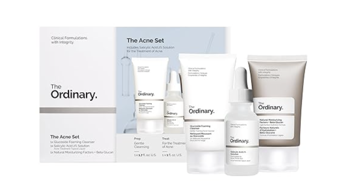 The Ordinary Skincare Regimen Kit including the Glucoside Foaming Cleanser, Salicylic Acid 2% Solution, and Natural Moisturizing Factors.