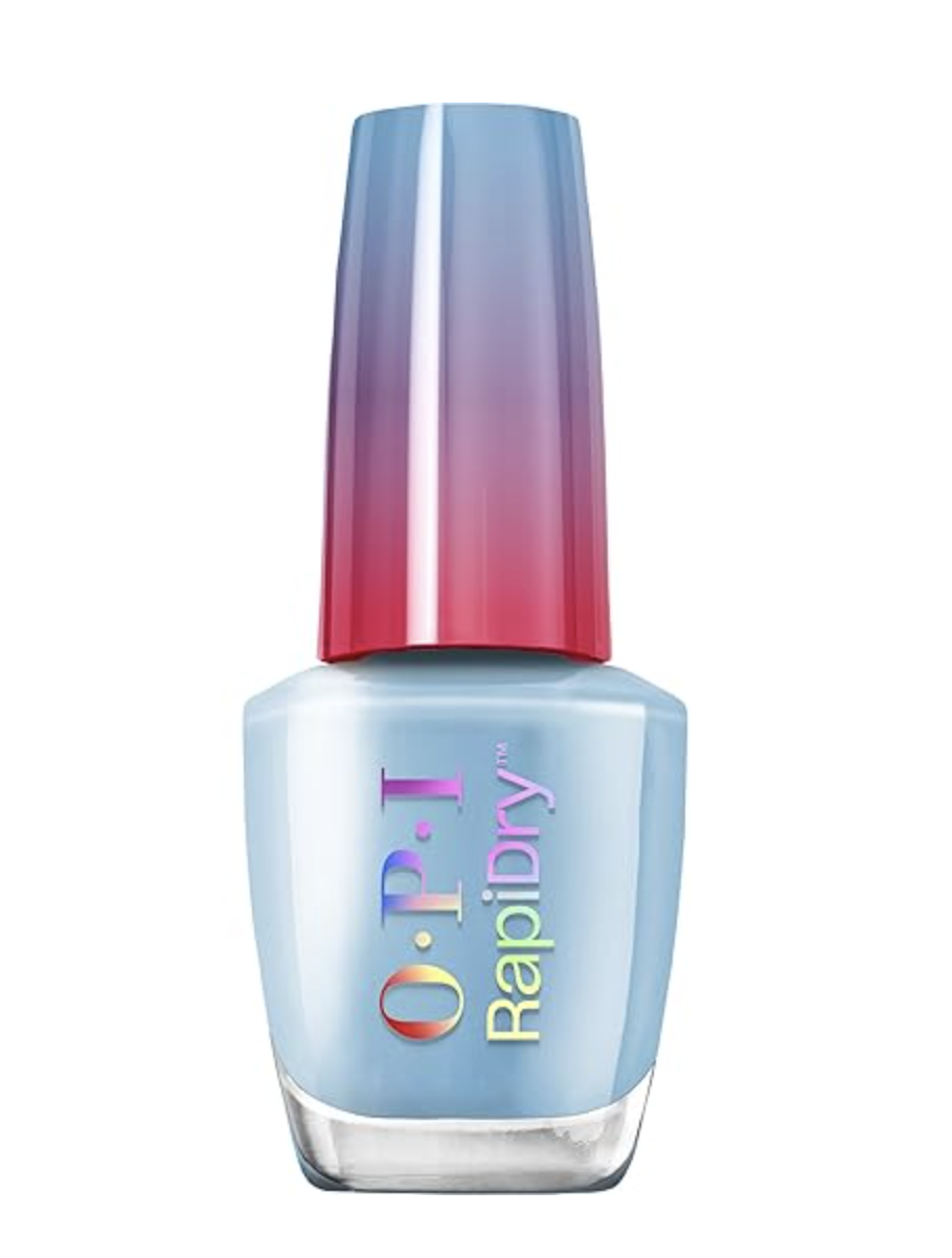 A bottle of OPI RapiDry Top Coat, a fast-drying nail polish finish for a high-shine summer manicure.