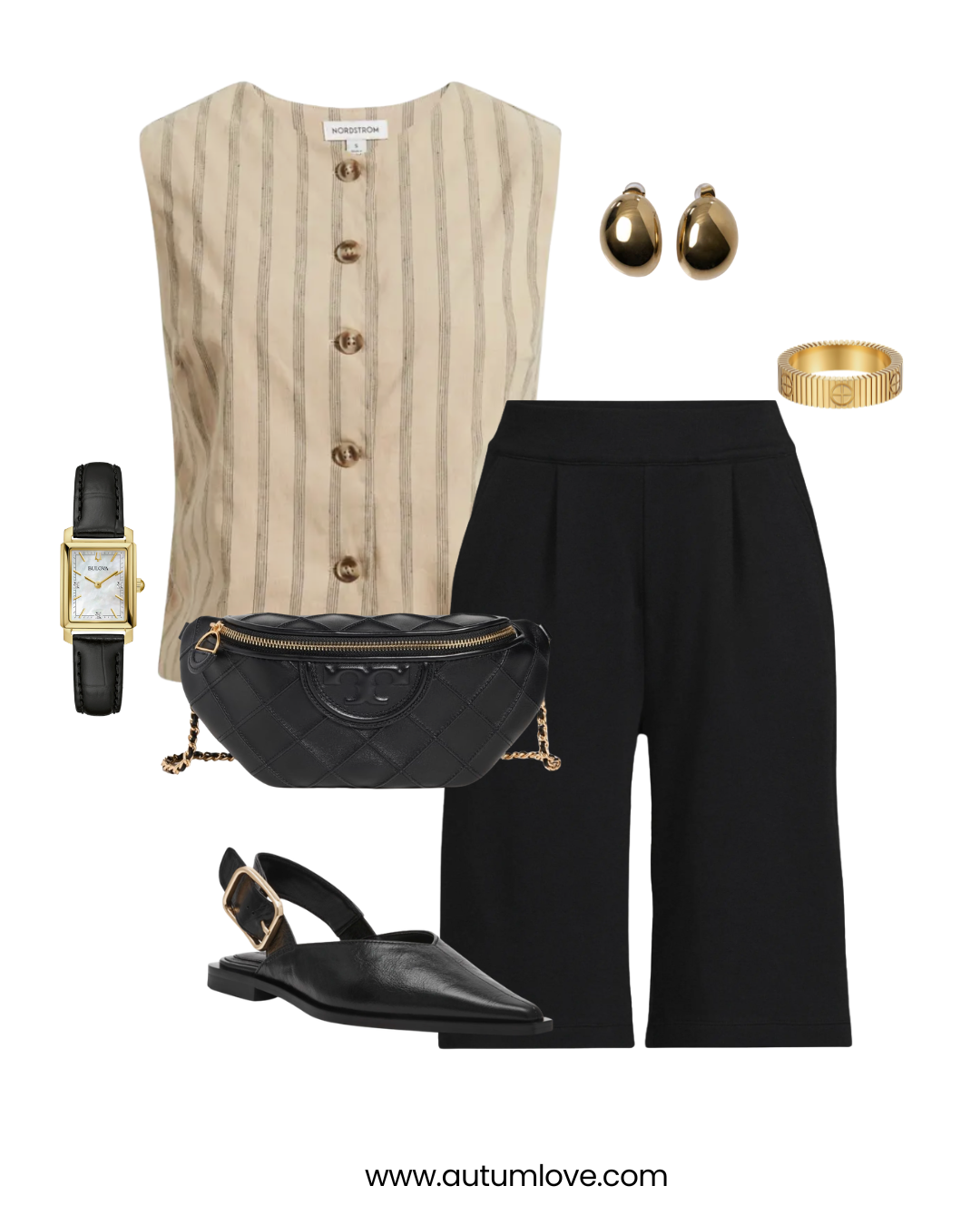 A professional summer outfit featuring a beige pinstripe tailored vest, black longline trouser shorts, black pointed-toe slingback heels, a quilted black leather belt bag, and a gold watch.