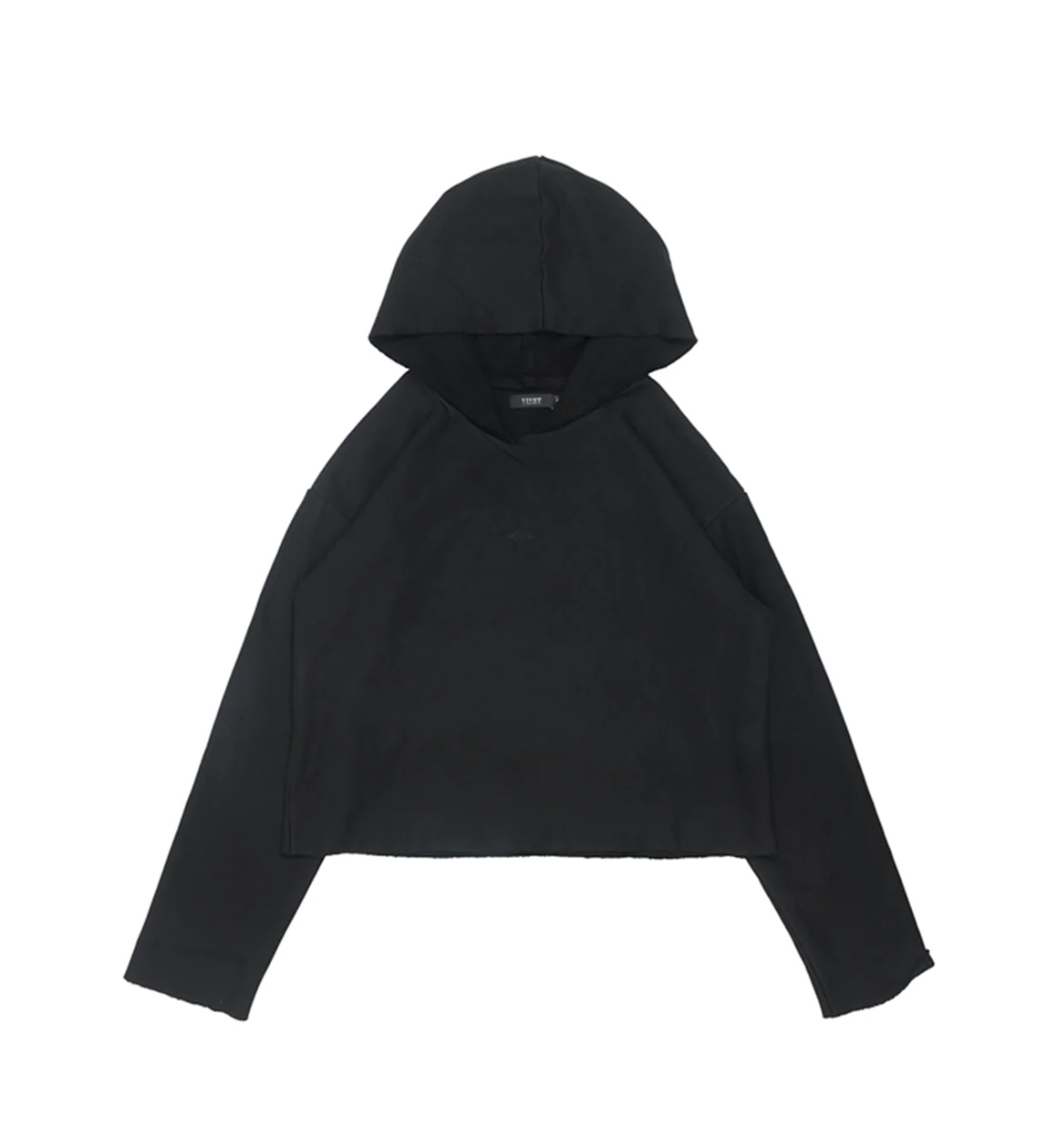 Black cropped VIVET hoodie with a wide hood and long sleeves.