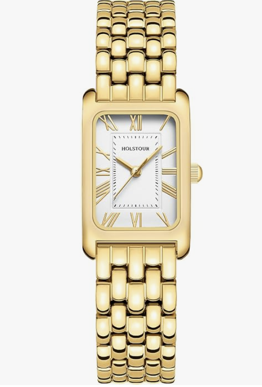 HOLSTOUR women's vintage-style gold-tone watch featuring a rectangular case, white dial with Roman numerals, and a matching gold bracelet strap.