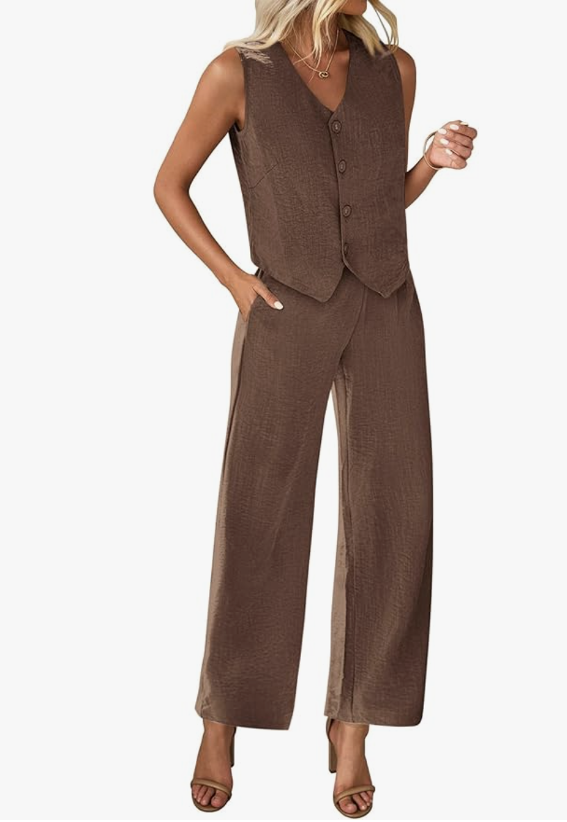 A woman styling a coffee-colored ZESICA matching crop vest and wide-leg pant set to visually shorten a long torso and create balanced proportions.