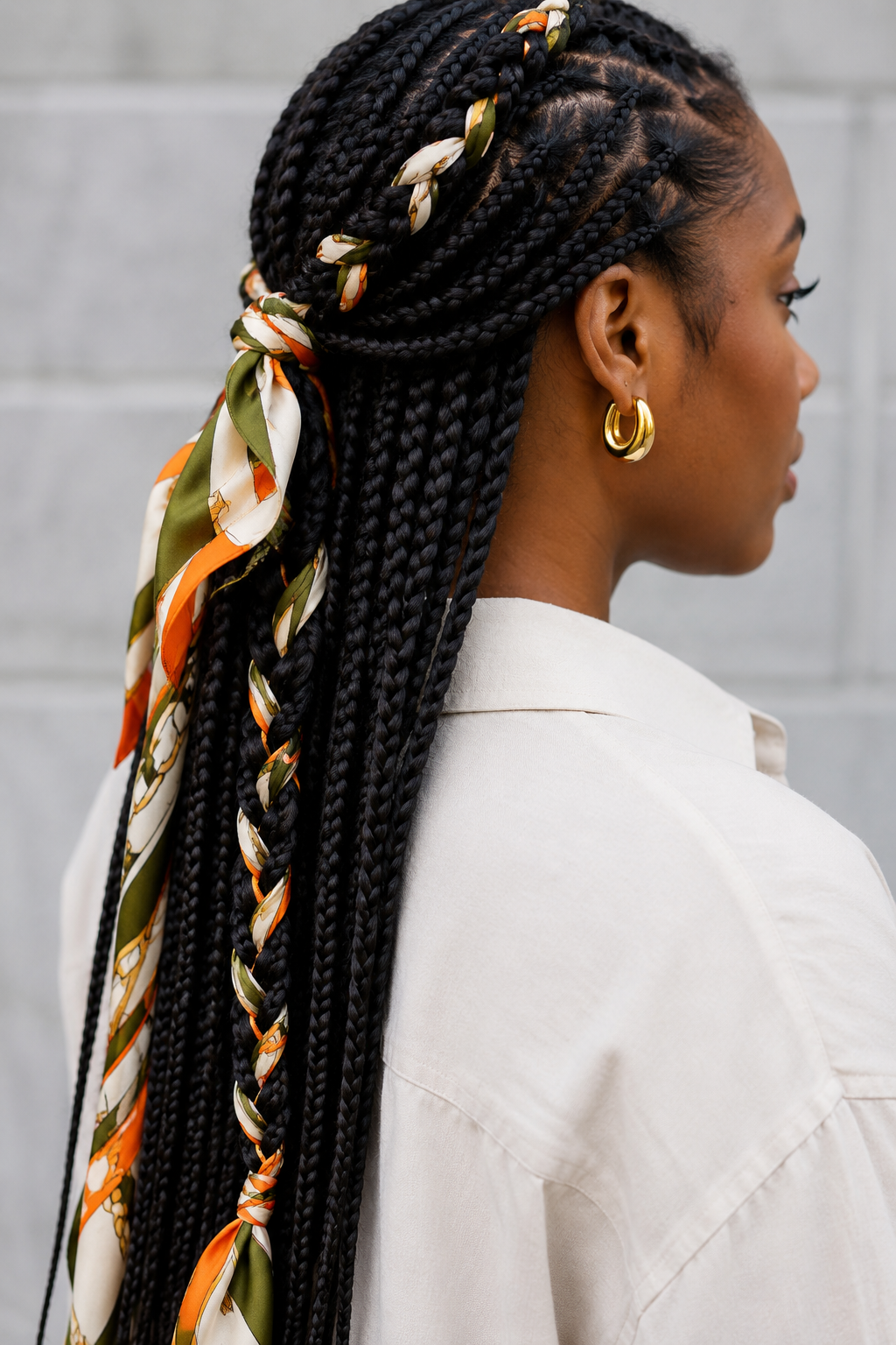 A side profile view of a woman with long box braids, featuring an orange and olive green patterned silk scarf elegantly woven into a thick crown braid and tied at the back.