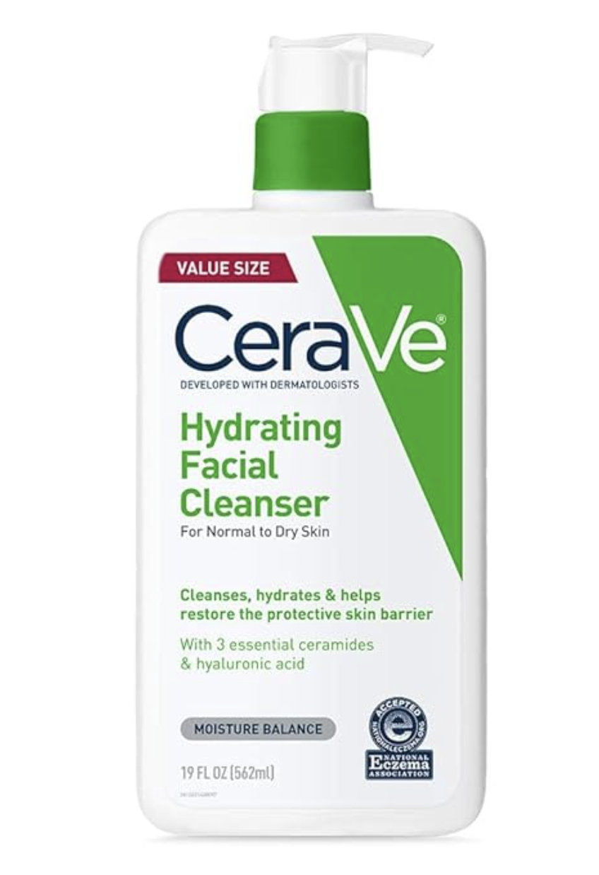 A bottle of CeraVe Hydrating Facial Cleanser for normal to dry skin.