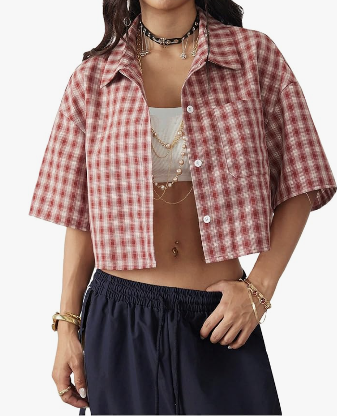 A pro stylist-recommended red and white vintage plaid button-down shirt, perfect for layering open over a t-shirt or tank top.