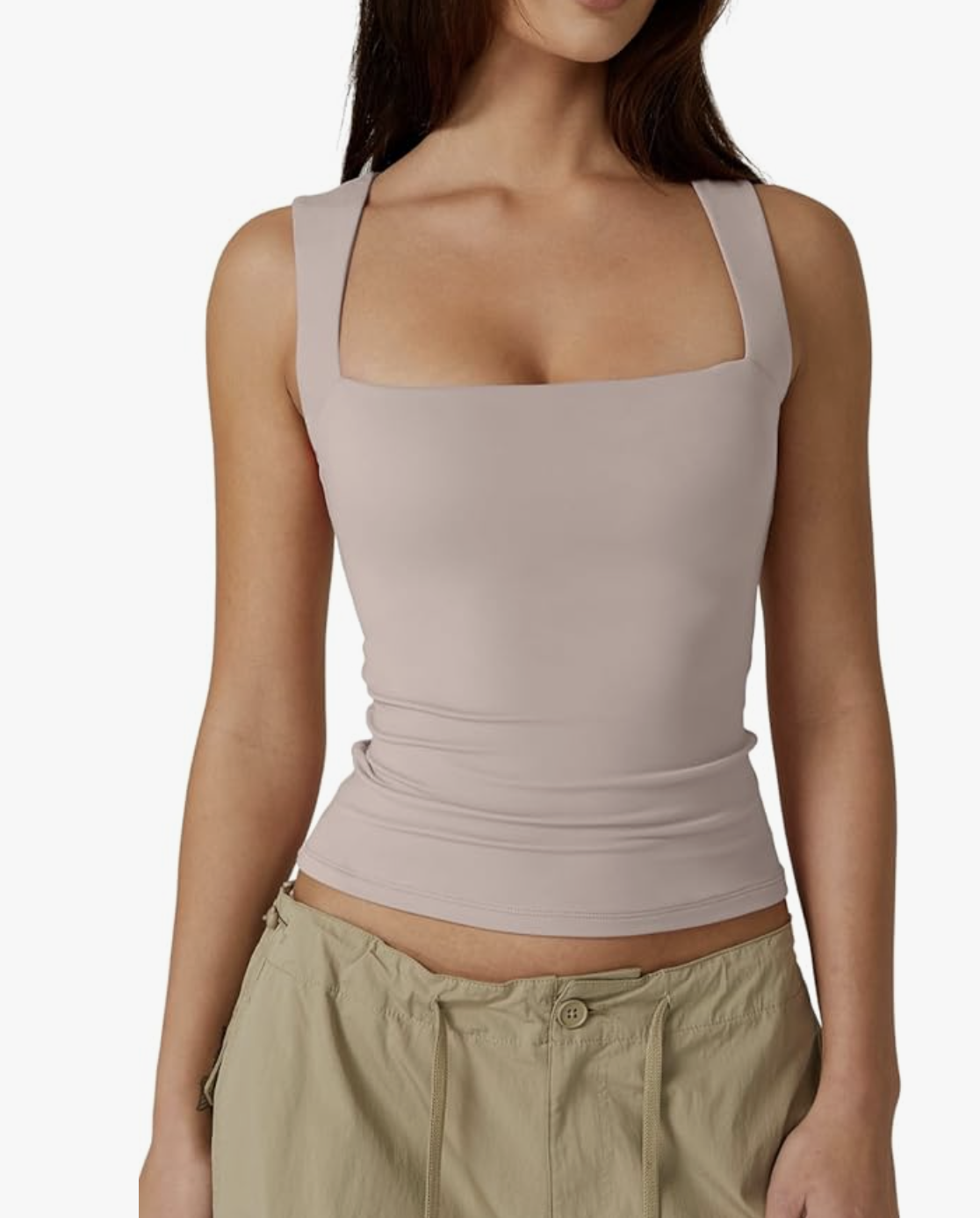 Professional traveler's pick: the Amazon Square Neck Sleeveless Double-Layer Tank in a neutral taupe, featuring a thick, wrinkle-resistant fabric and a modern square neckline for a polished spring break look.