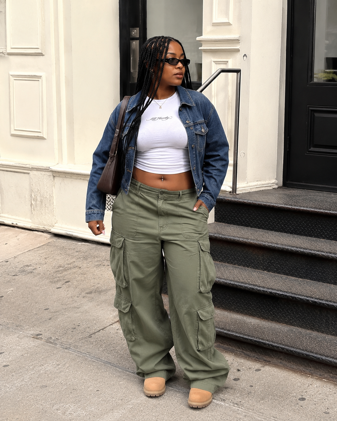 A person standing on urban stone steps wearing a light-wash denim jacket over a white baby tee, paired with oversized olive green multi-pocket cargo pants and black sunglasses.