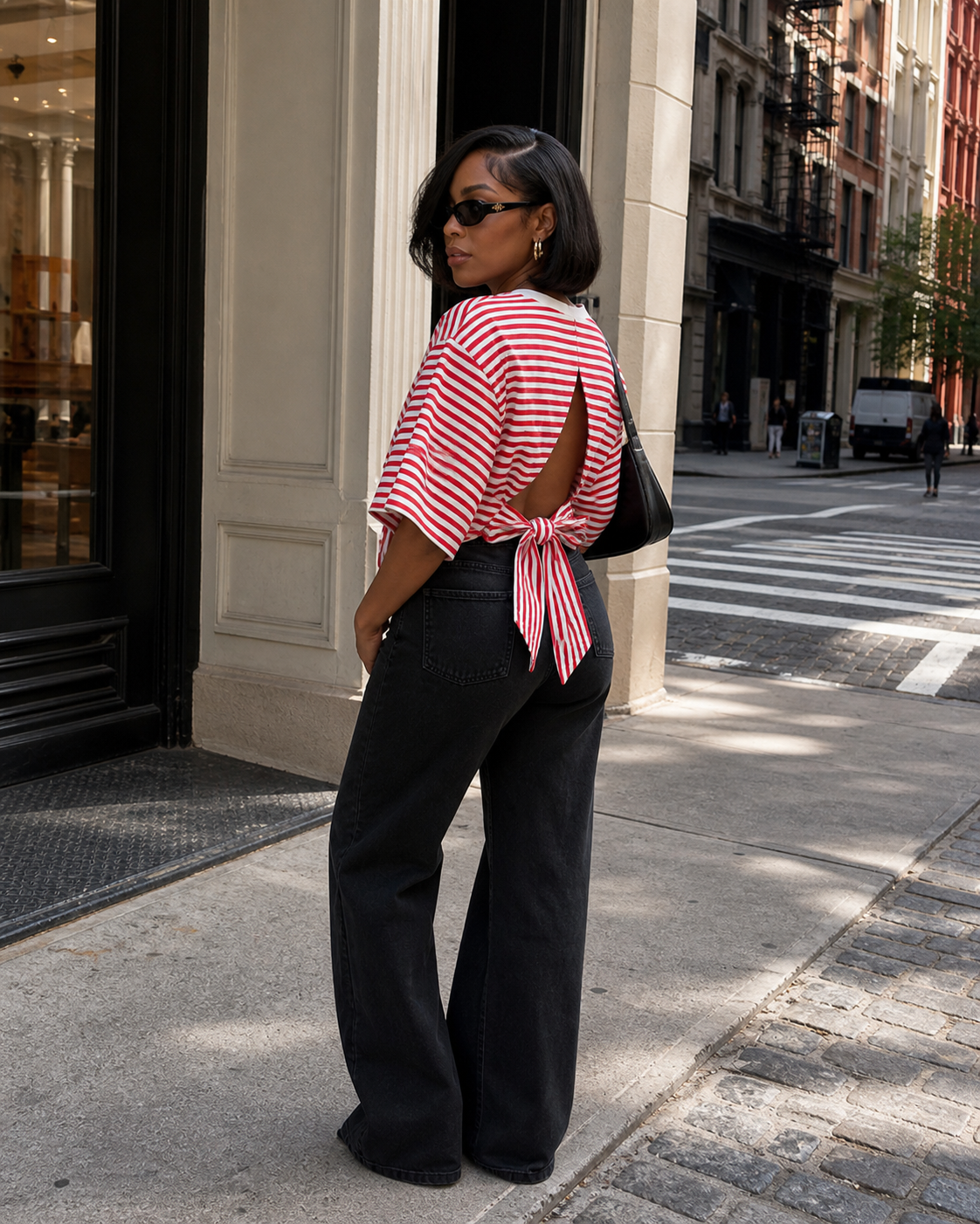 Fashion editor wearing a red and white horizontal striped boatneck top with an open-back bow detail, styled with black wide-leg trousers for a 2026 outfit formula.