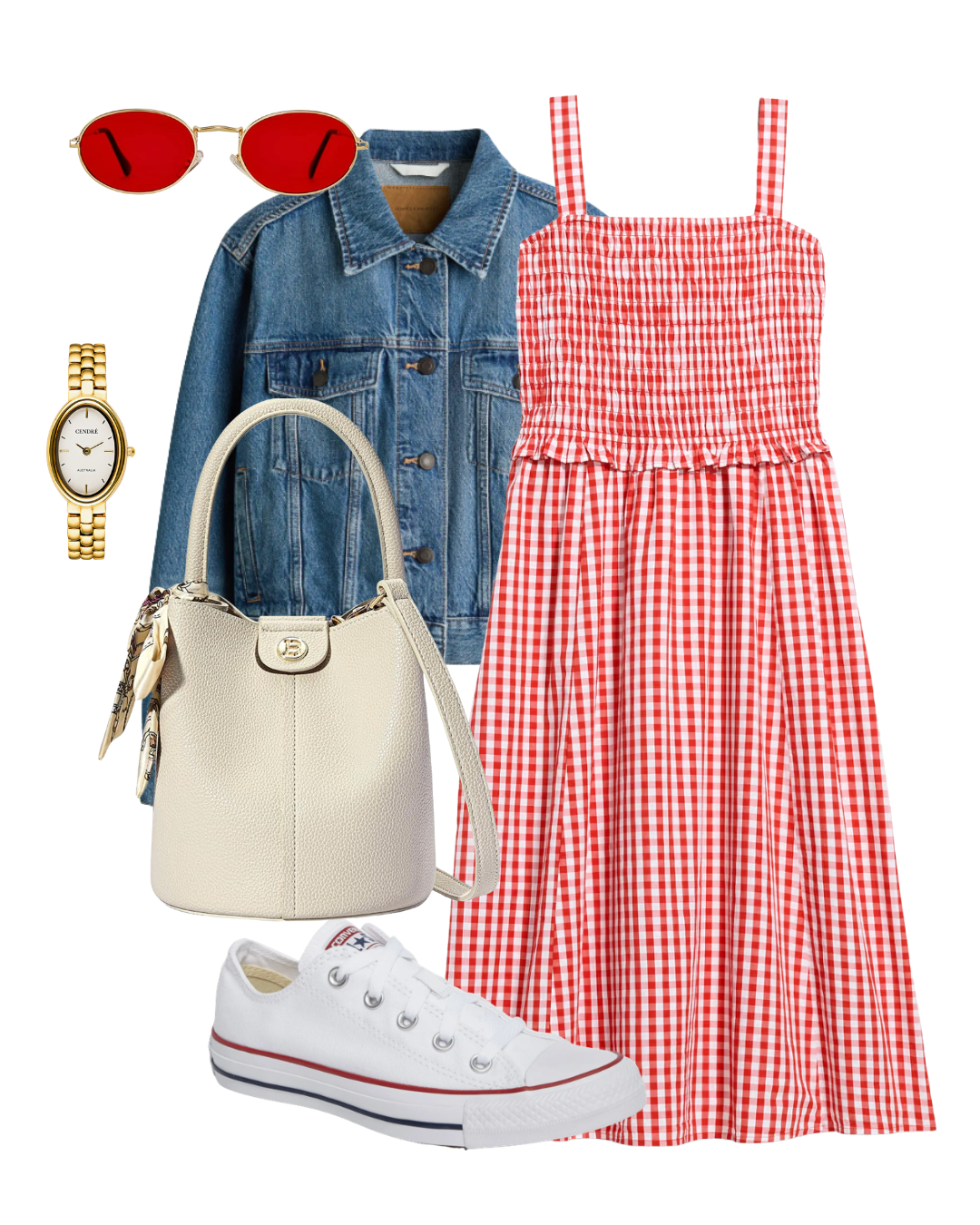 Flat-lay of a casual summer outfit featuring a red and white gingham midi dress, a classic blue denim jacket, white low-top Converse sneakers, a cream bucket bag with a patterned scarf detail, a gold watch, and red sunglasses.