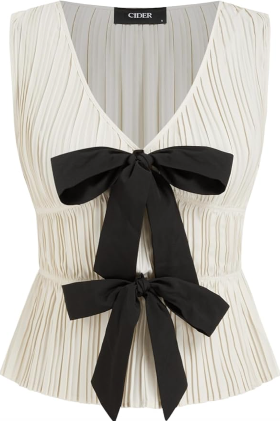 A cream-colored pleated knit sleeveless top from CIDER featuring a large black bow tie-front detail and a V-neckline.