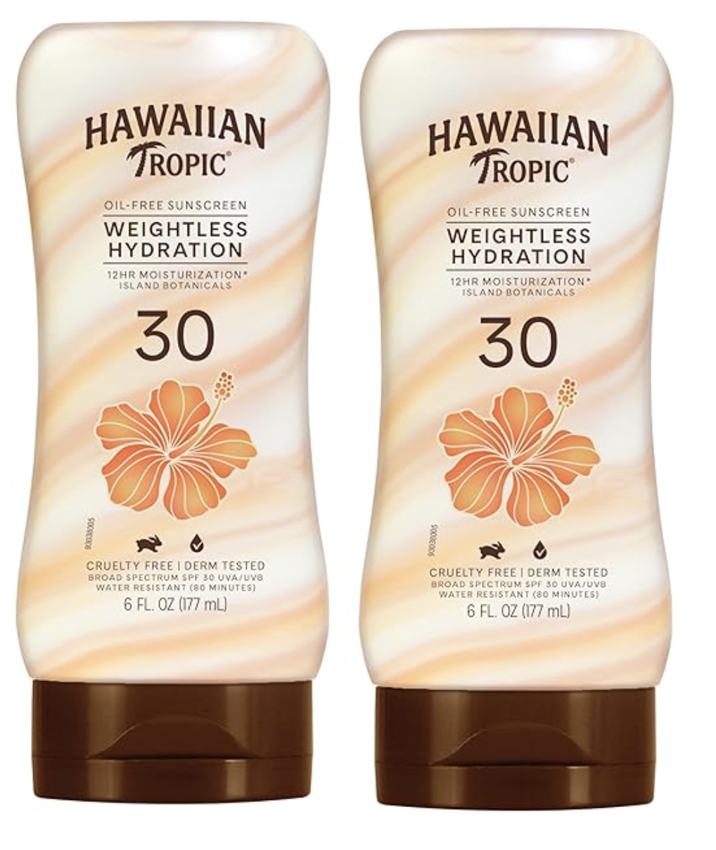 Product shot of two bottles of Hawaiian Tropic Weightless Hydration Body Sunscreen SPF 30, featured as a lightweight and moisturizing option for everyday family use.