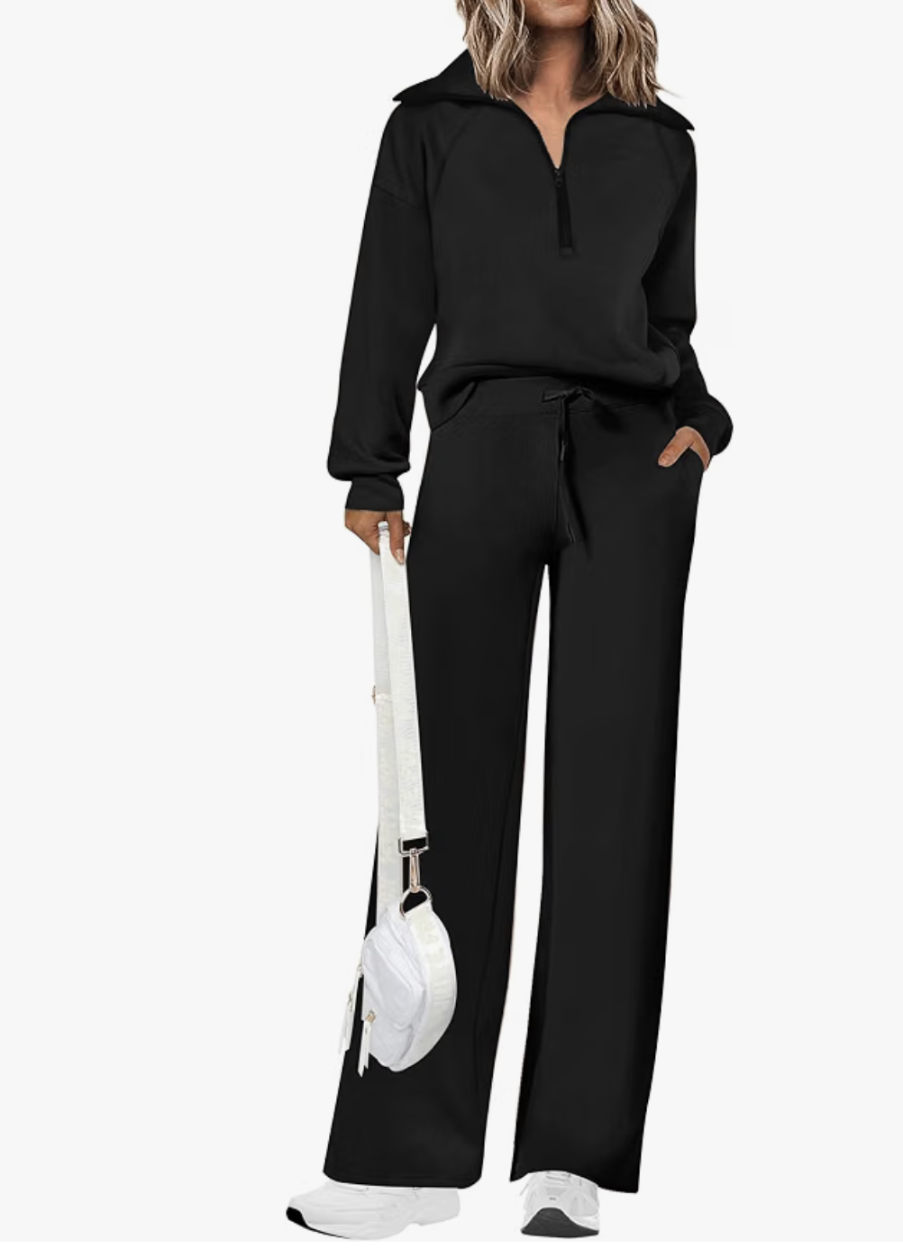 Prettygarden black half-zip top and wide-leg lounge pants