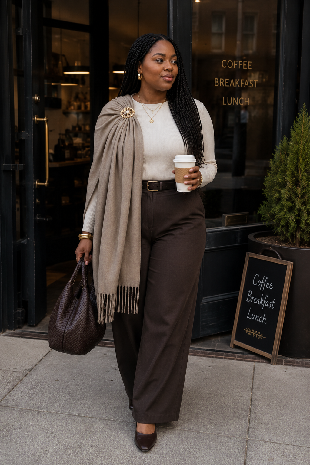 A street style shot of a woman wearing a beige pashmina shawl elegantly draped over one shoulder and secured with a large gold statement brooch, paired with a cream knit top and brown wide-leg trousers.