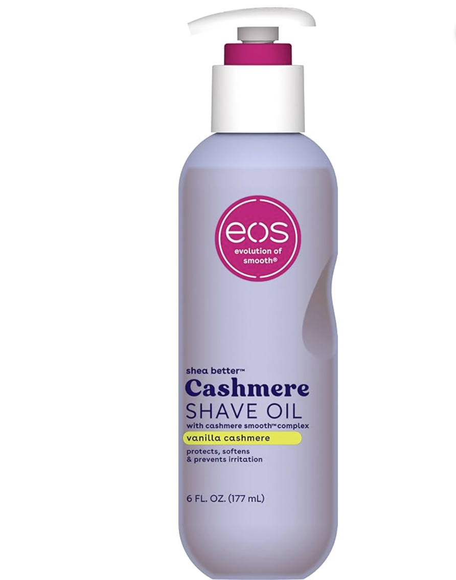 Lavender pump bottle of eos Cashmere Shave Oil in Vanilla Cashmere.