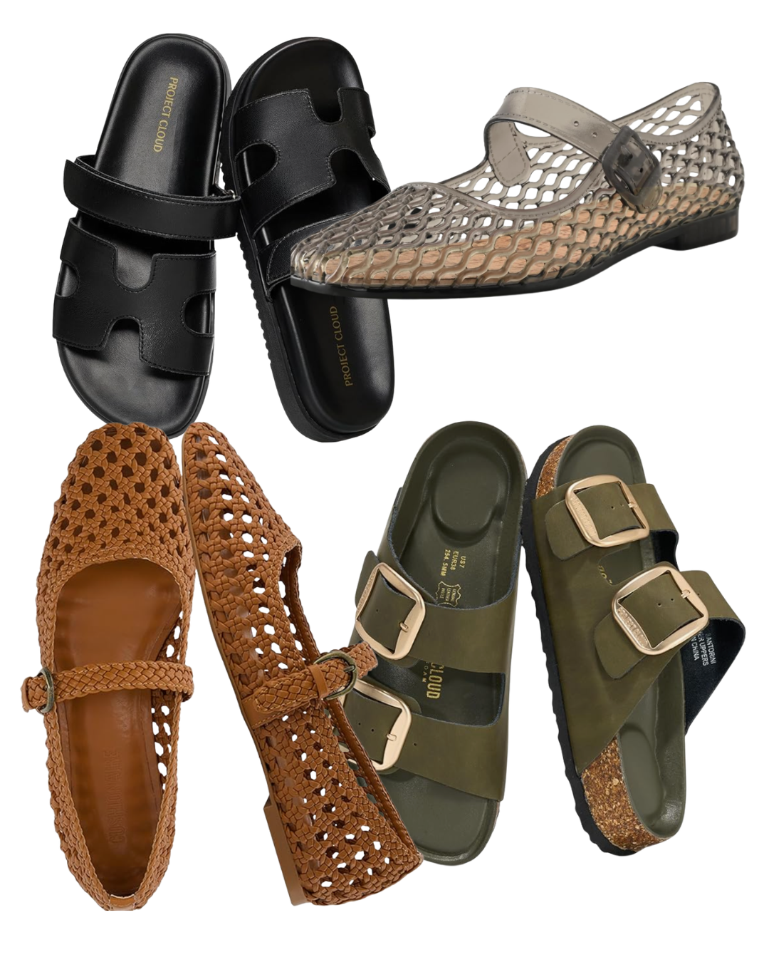 A curated flat lay of summer footwear deals featuring Project Cloud leather sandals, CUSHIONAIRE woven Mary Janes, and green slide sandals.