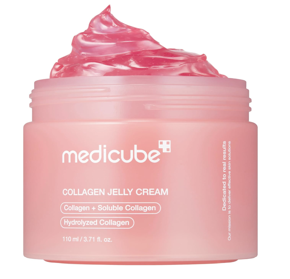 A pink jar of Medicube Collagen Jelly Cream, a viral Korean moisturizer for a hydrated glass-skin glow.