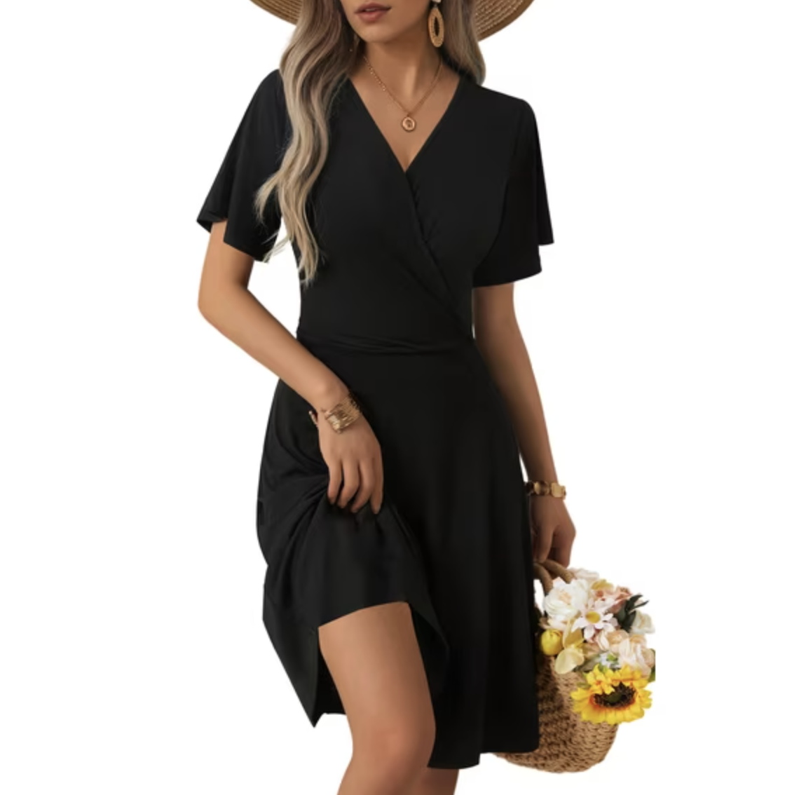A woman wearing a black short-sleeve V-neck floral midi dress and holding a straw basket bag.