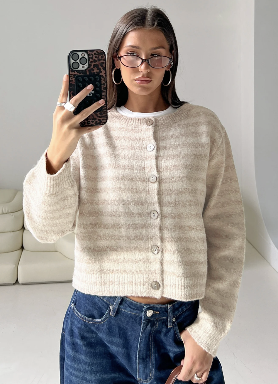 Princess Polly  Raynna Button Up Cardigan Beige Stripe