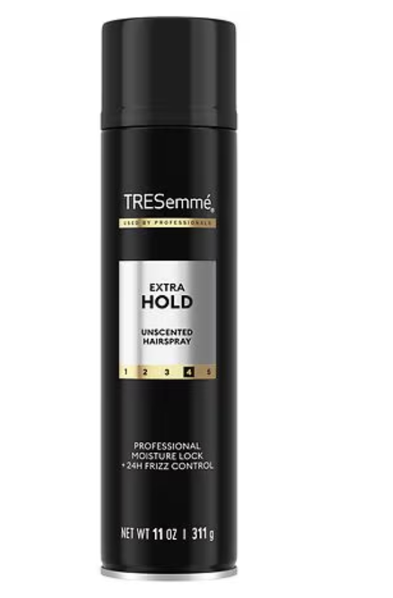 Black can of TRESemmé Extra Hold Unscented Hairspray with a silver label.