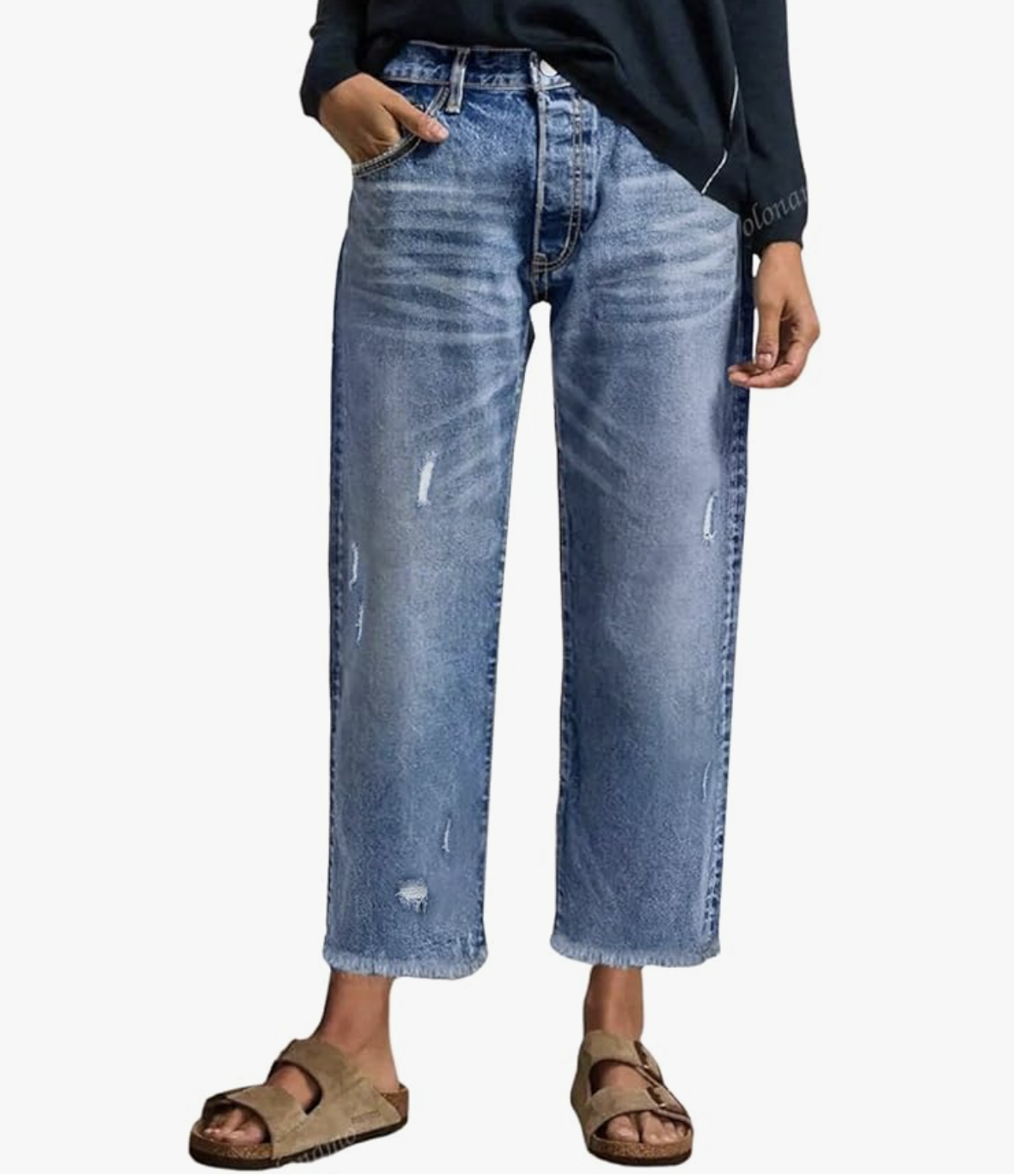 Straight Leg Frayed Raw Hem Denim Ankle Pants
