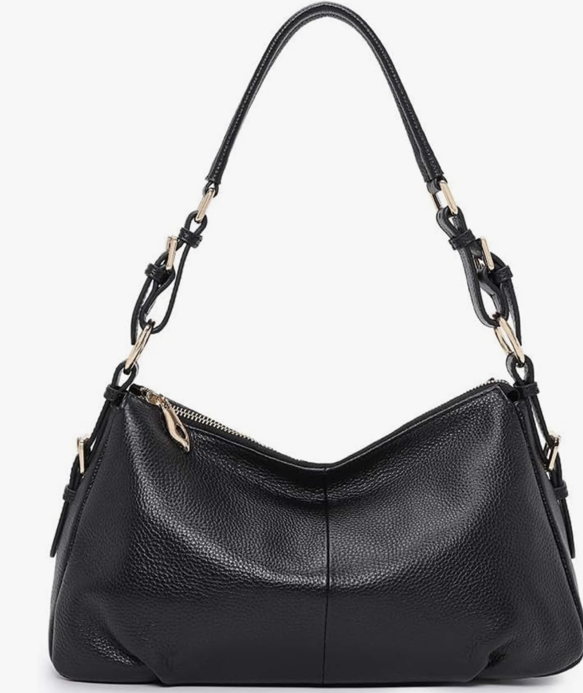 A slouchy black pebbled leather hobo bag with a thick shoulder strap and silver hardware accents.