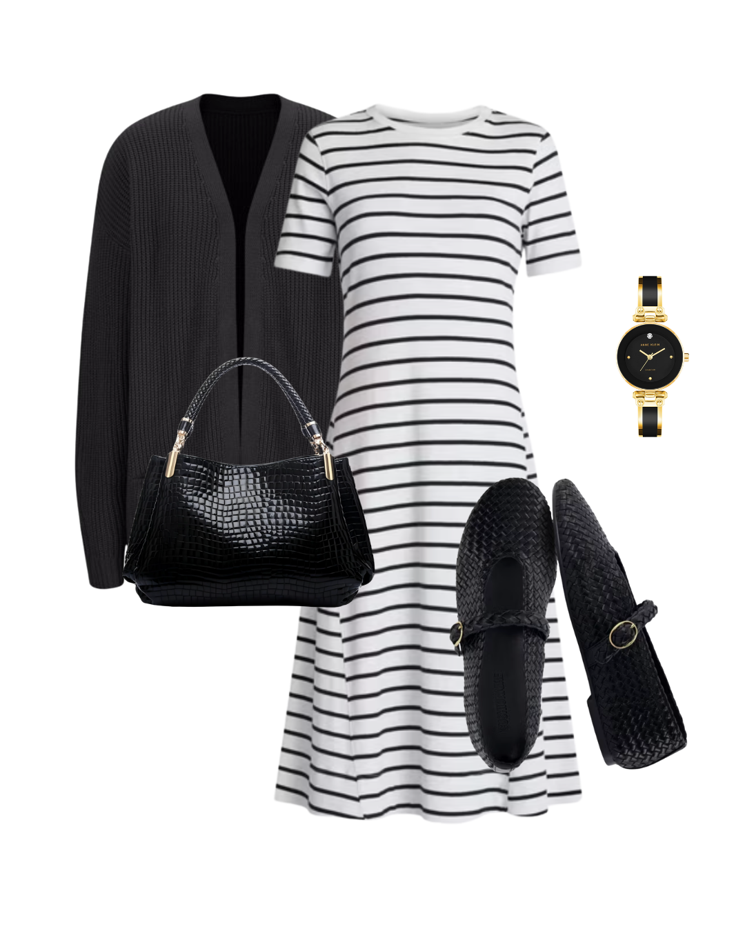Walmart school-event outfit with a black midi dress, gray cardigan, ballet flats and a gold-hardware bag.
