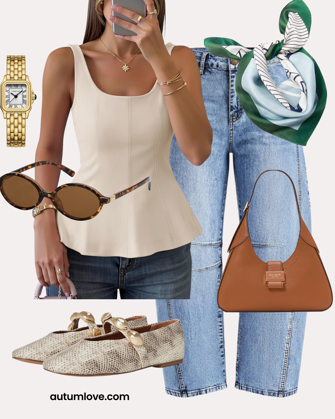 A curated flat lay of Spring Amazon fashion finds for women in their 50s, featuring a gold vintage tank watch, tortoise shell oval sunglasses, a white square-neck peplum blouse, snake-print Mary Jane flats, and light-wash denim jeans.