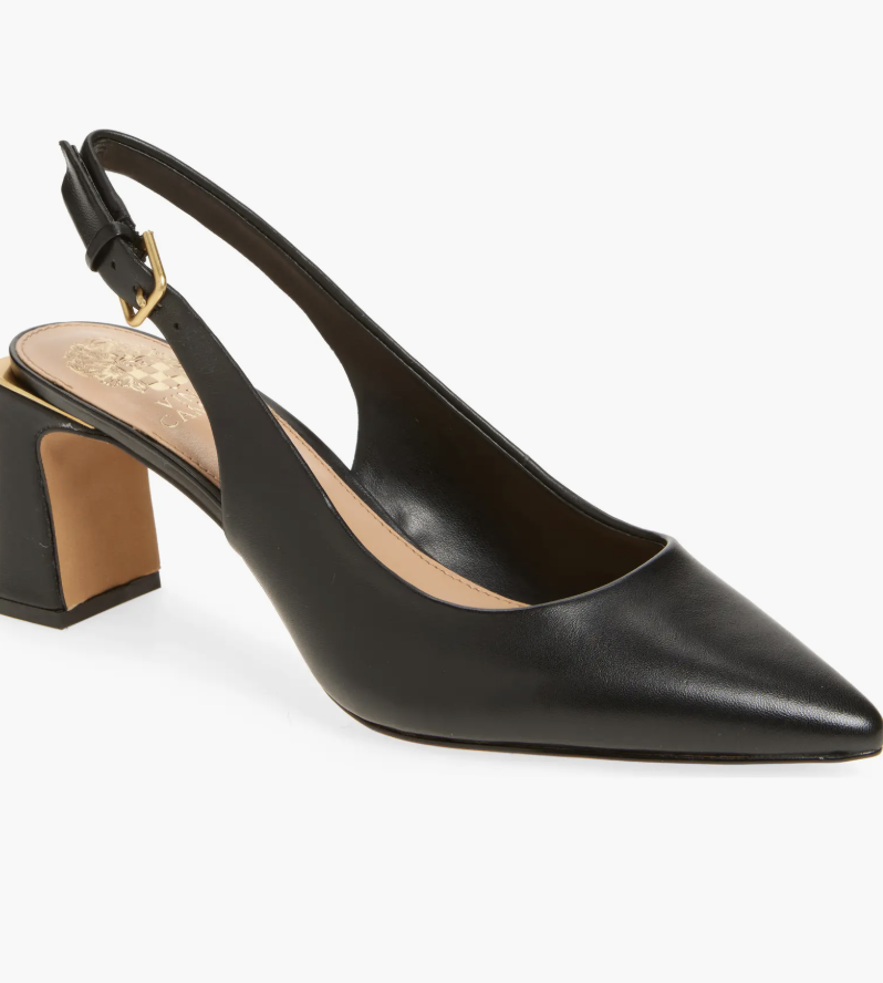 A fashion editor-approved guide on what shoes to wear with cropped pants, featuring black Vince Camuto pointed-toe slingback pumps with a block heel to provide balance and structure.