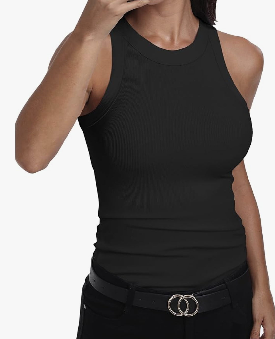 A woman wearing a fitted black ribbed sleeveless tank top with a square neckline, styled for a casual summer BBQ outfit.