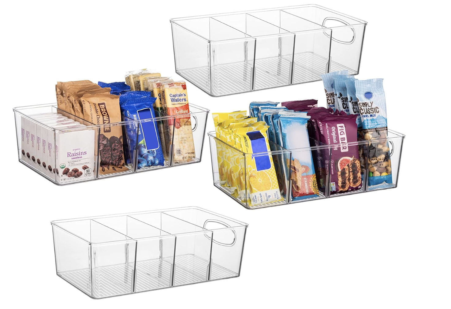Clear divided organizer bins holding backup household supplies