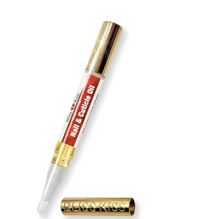A Bliss Kiss Simply Pure gold cuticle and nail oil pen with a brush tip applicator on a white background.