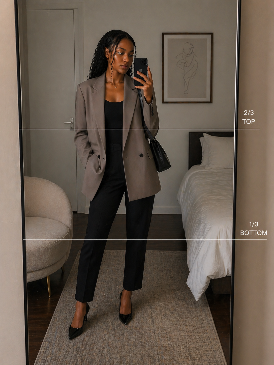A woman wearing a longline taupe blazer over a black top and slim black trousers to demonstrate the 2/3 top and 1/3 bottom rule of thirds in fashion.