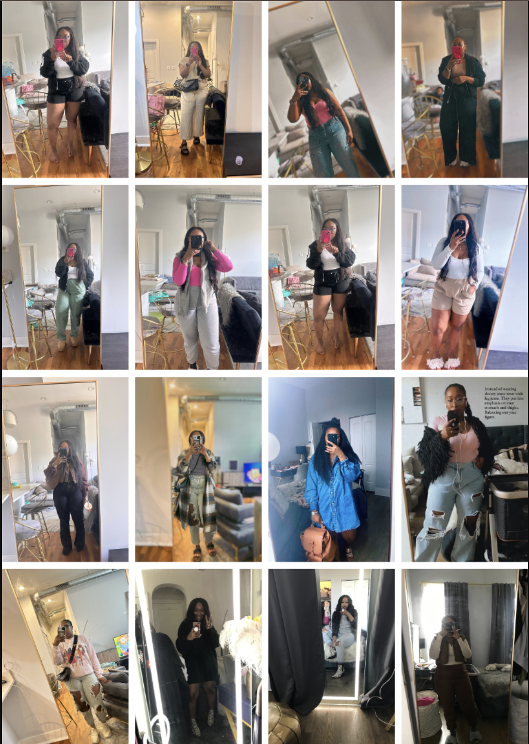A grid photo collection of full-body outfit mirror selfies taken in a room to track daily style ideas.