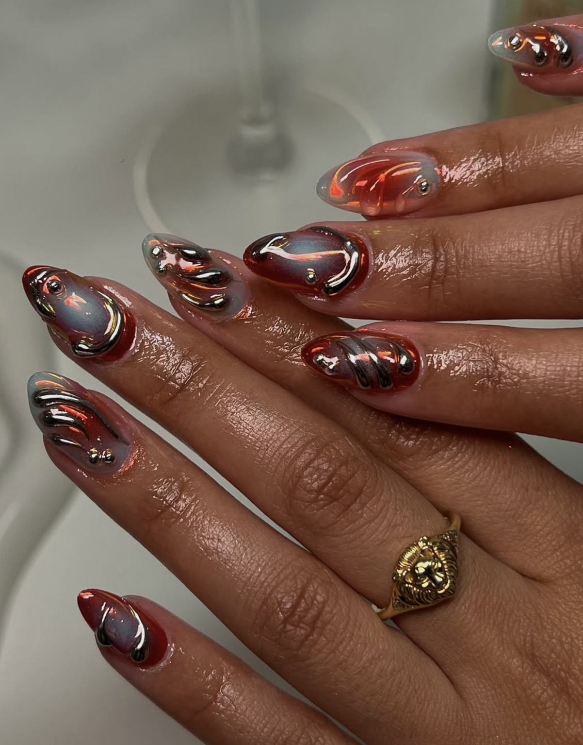 Chrome cherry red nail polish manicure