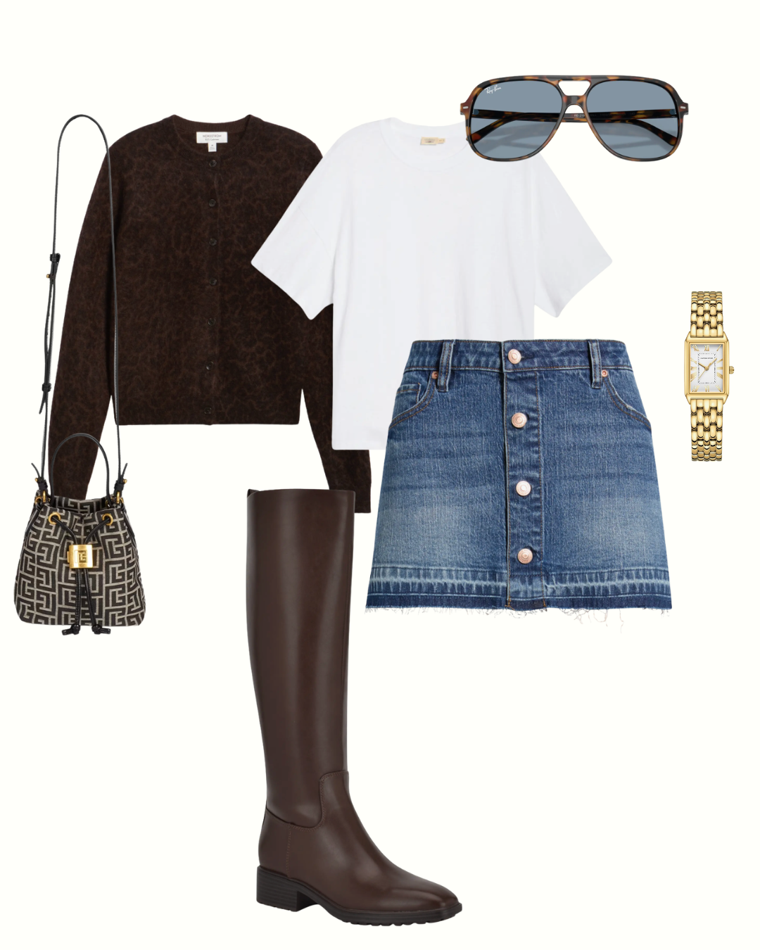 Flat lay of a denim midi skirt, brown cardigan, white tee and tall brown boots for a pumpkin patch outfit
