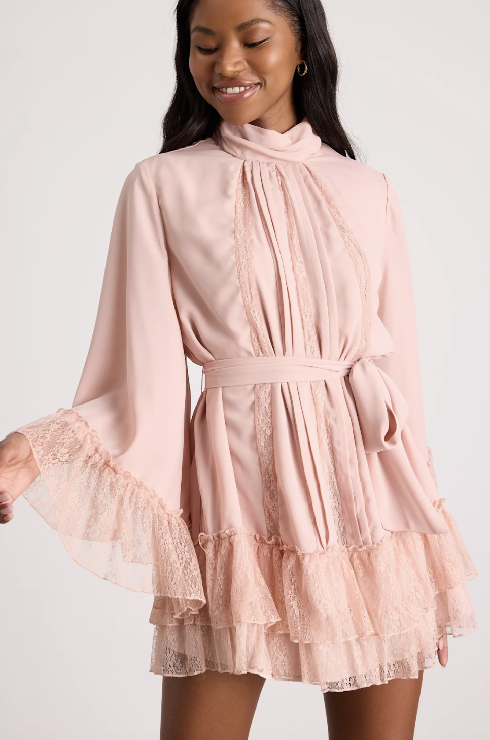 Lulus  Sidonie Blush Pink Lace Bell Sleeve Mini Dress