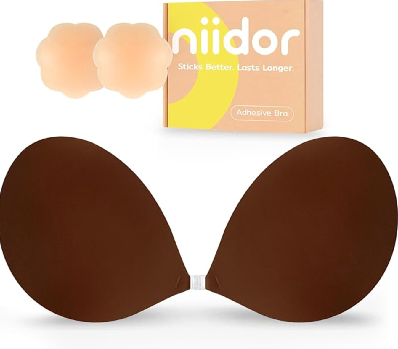 A brown Niidor adhesive strapless silicone bra, shown as a backless undergarment solution for what to wear with a spaghetti strap dress.