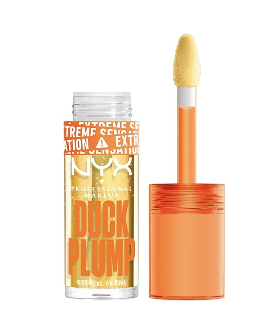 A bottle of NYX Duck Plump High Pigment Lip Gloss in a vibrant orange shade with the applicator wand displayed next to the tube.