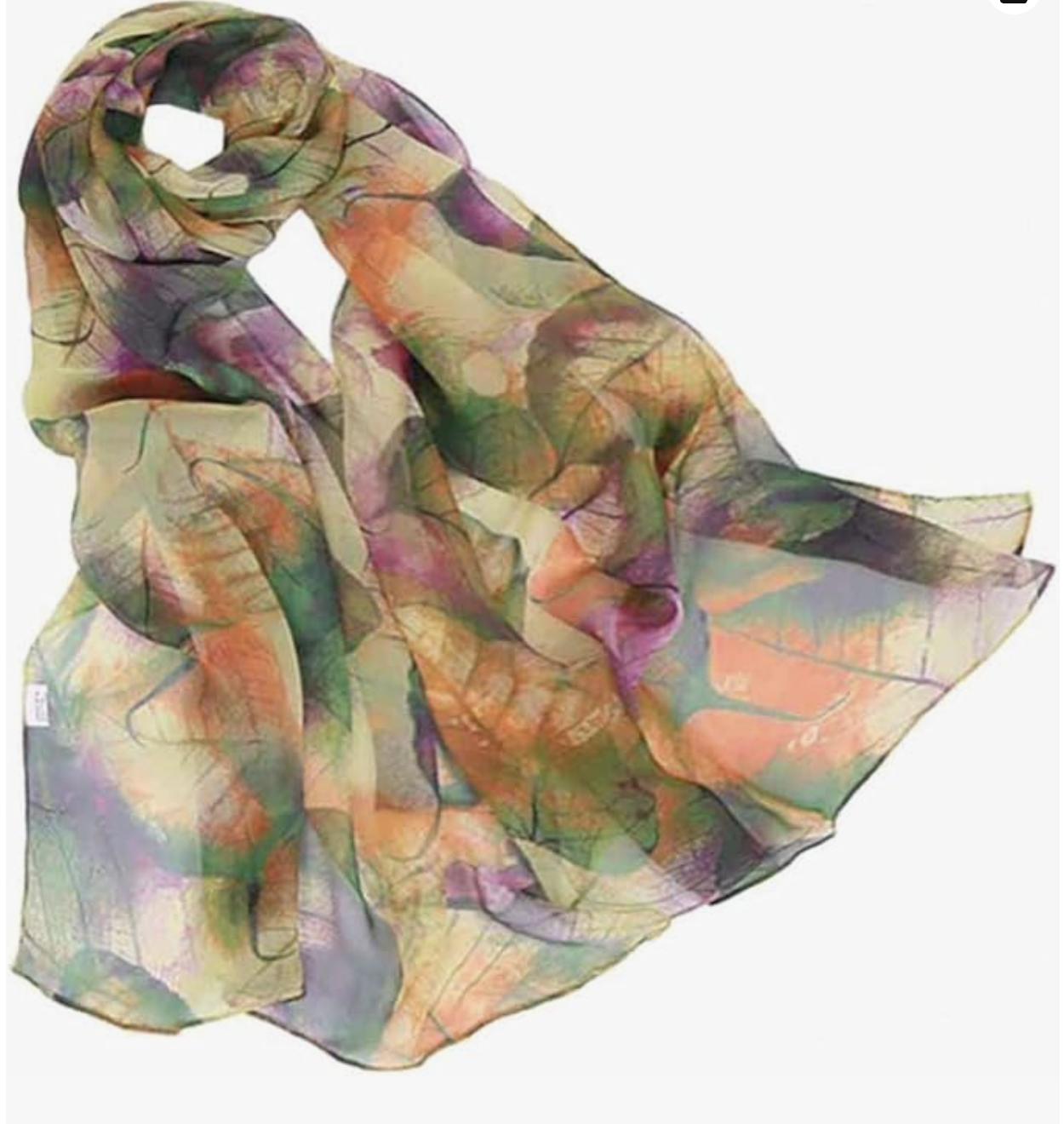 A lightweight, sheer silk scarf featuring a vibrant watercolor floral pattern in shades of pink, orange, green, and purple, perfect for accessorizing a spring outfit for women in their 60s.