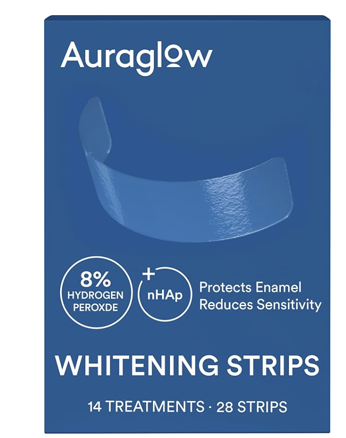 Box of Auraglow Whitening Strips featuring the 8% hydrogen peroxide and nano-hydroxyapatite formula.