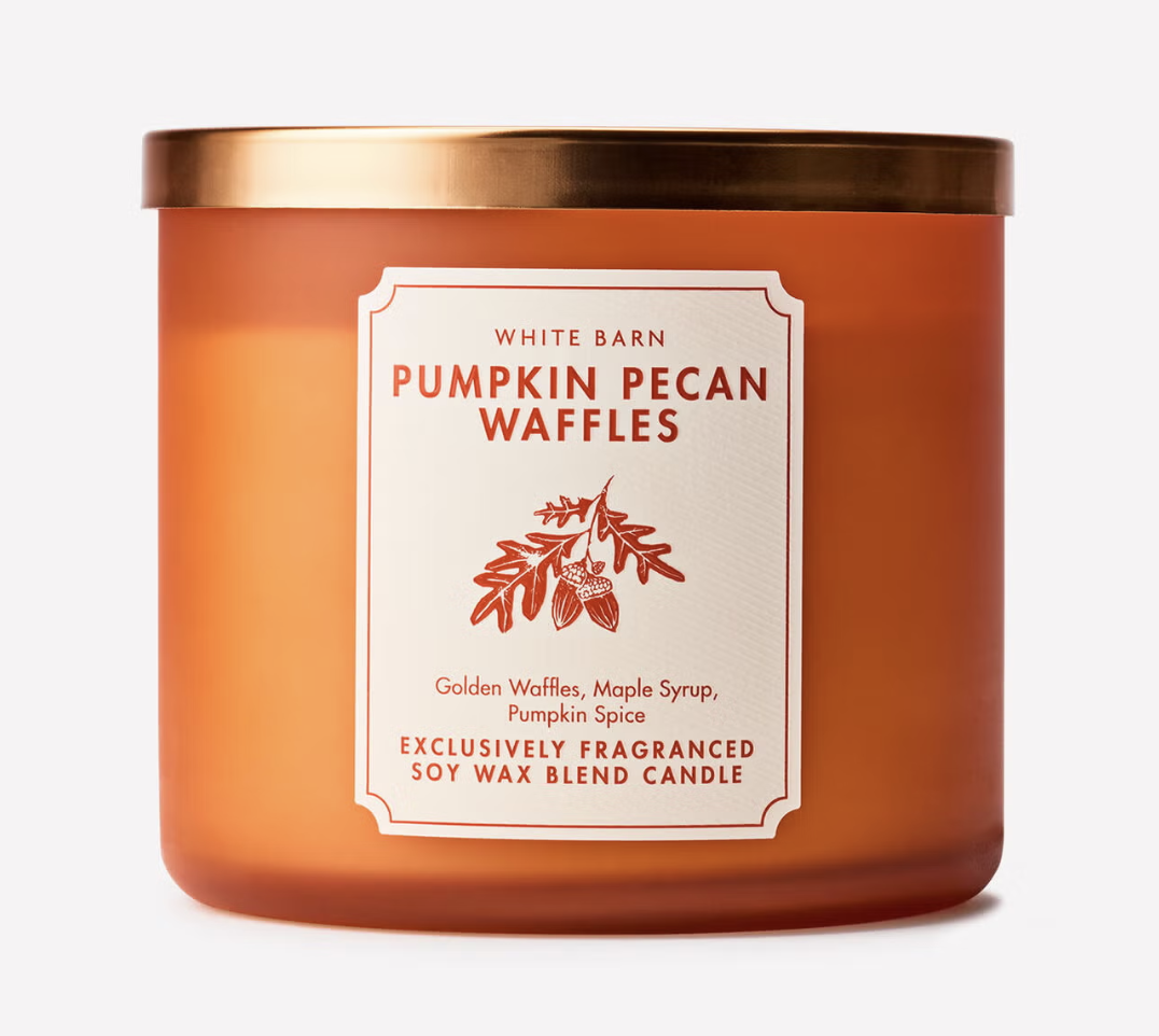 Bath & Body Works Pumpkin Pecan Waffles three-wick candle.
