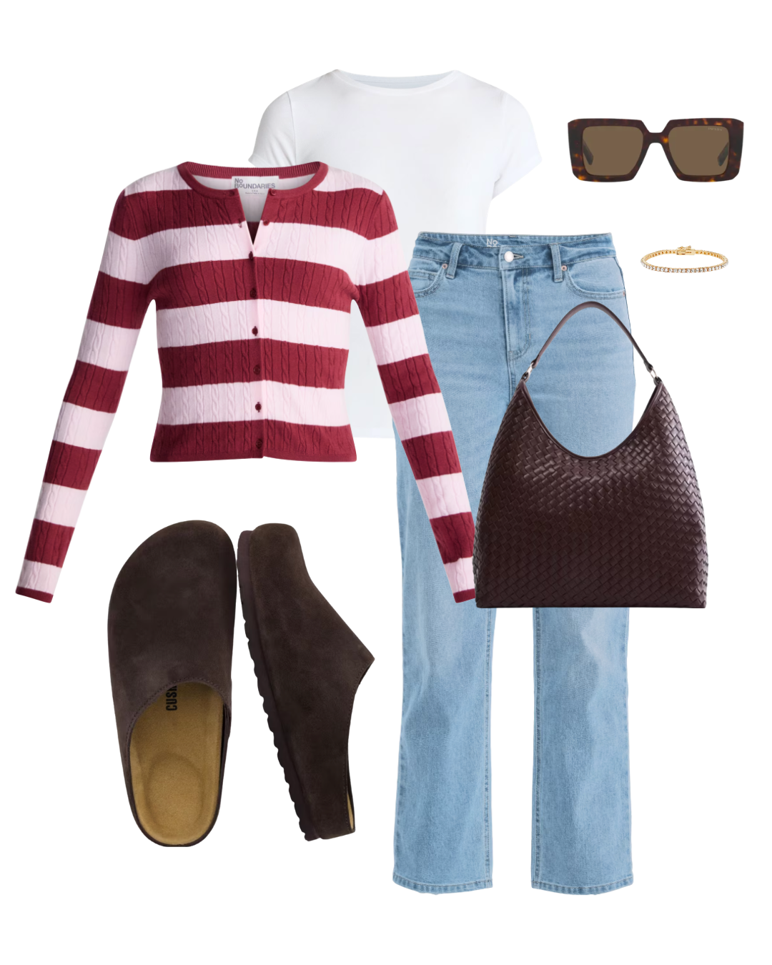 Walmart school drop-off outfit with straight-leg jeans, a gray cardigan, pale-blue sneakers and a black tote.
