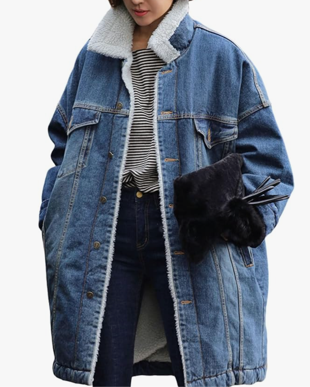 Long Sherpa Fleece Lined Jeans Jacket