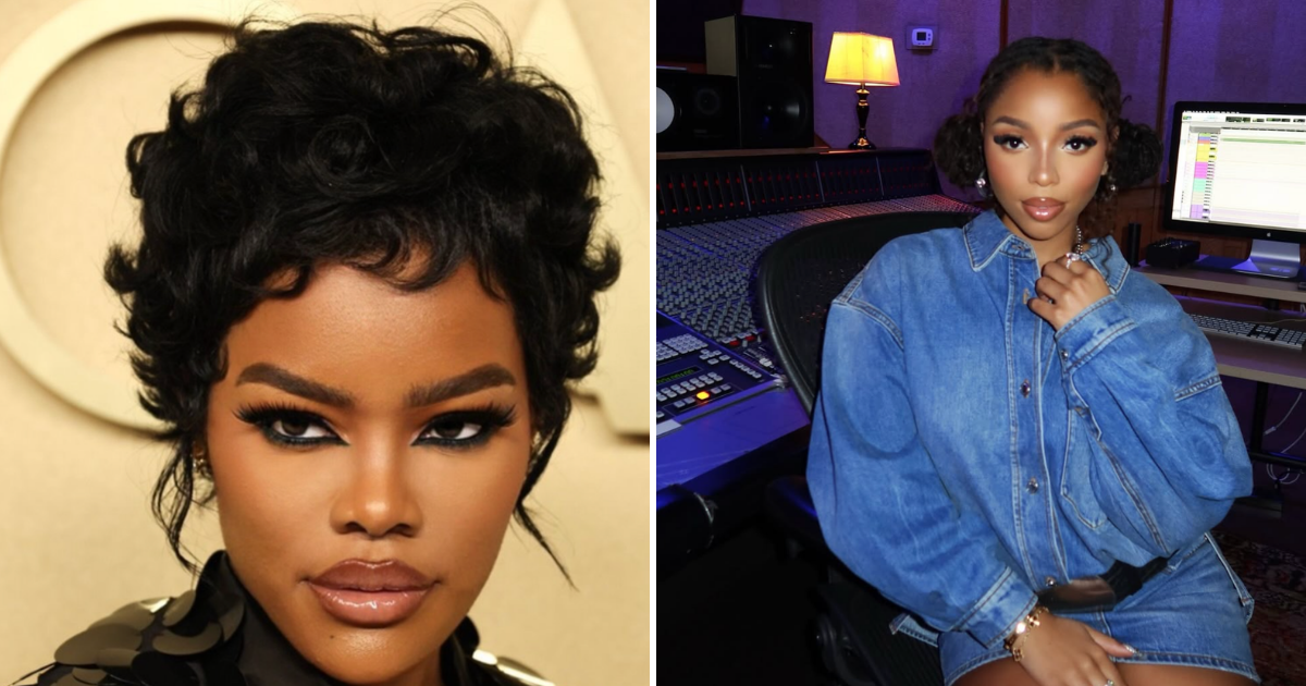 A side-by-side comparison of Teyana Taylor with a textured pixie cut and Chlöe Bailey with voluminous locs gathered at the crown, showcasing how short styles and top-heavy volume highlight the cheekbones of a diamond face shape.